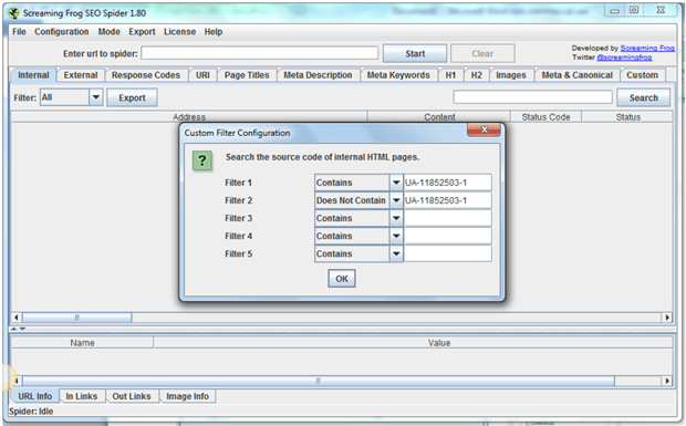 Screaming Frog 2 Google Analytics Code in Screaming Frog