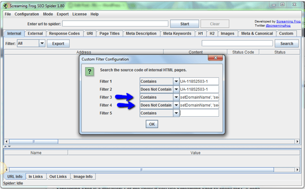 Screaming Frog 3 Check for Google Analytics Code
