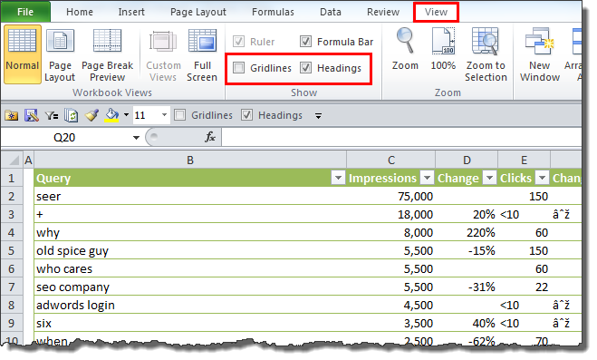 gridlines-pc Turning off gridlines and headings in Excel