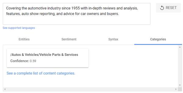 Google's Natural Language API demo screenshot, shows Car and Driver's description as autos & vehicles